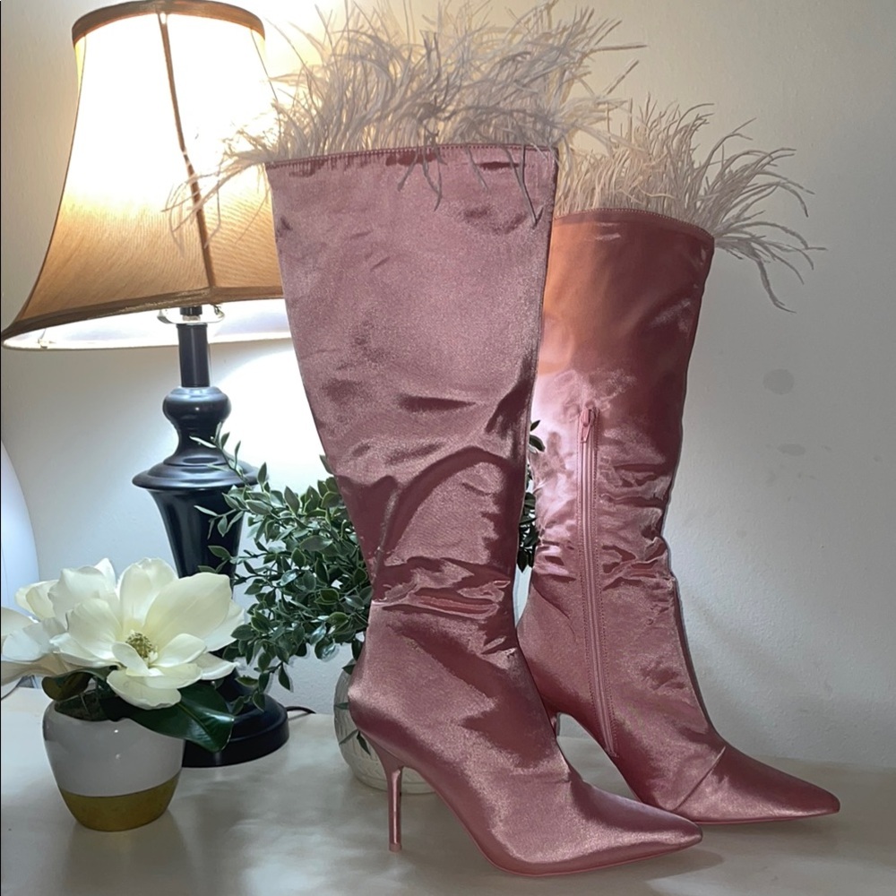 Feathered Pink Satin Heeled Boots with Stiletto Heel